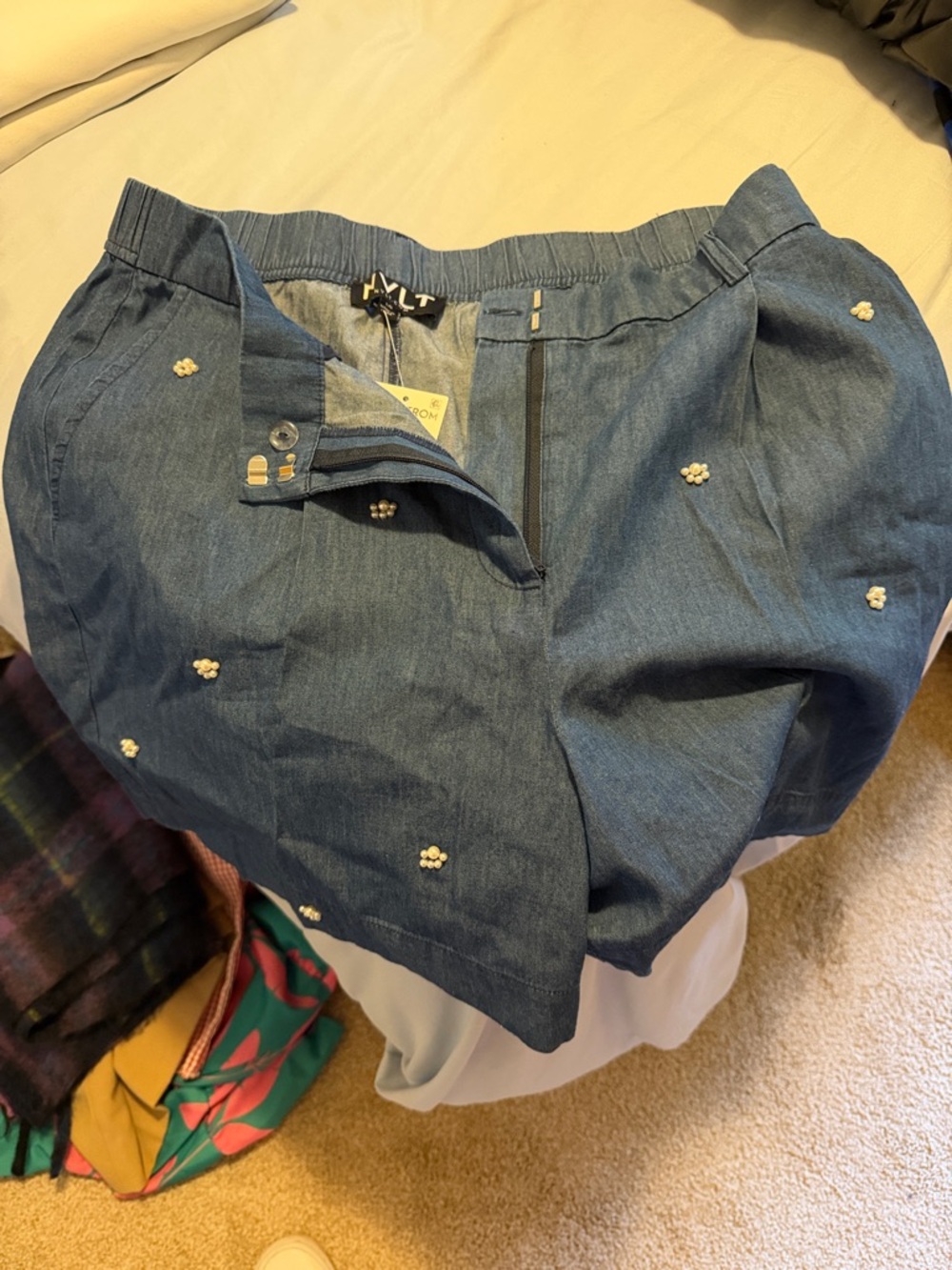 Violet & Claire Denim Blue Embroidered Bubble Shorts